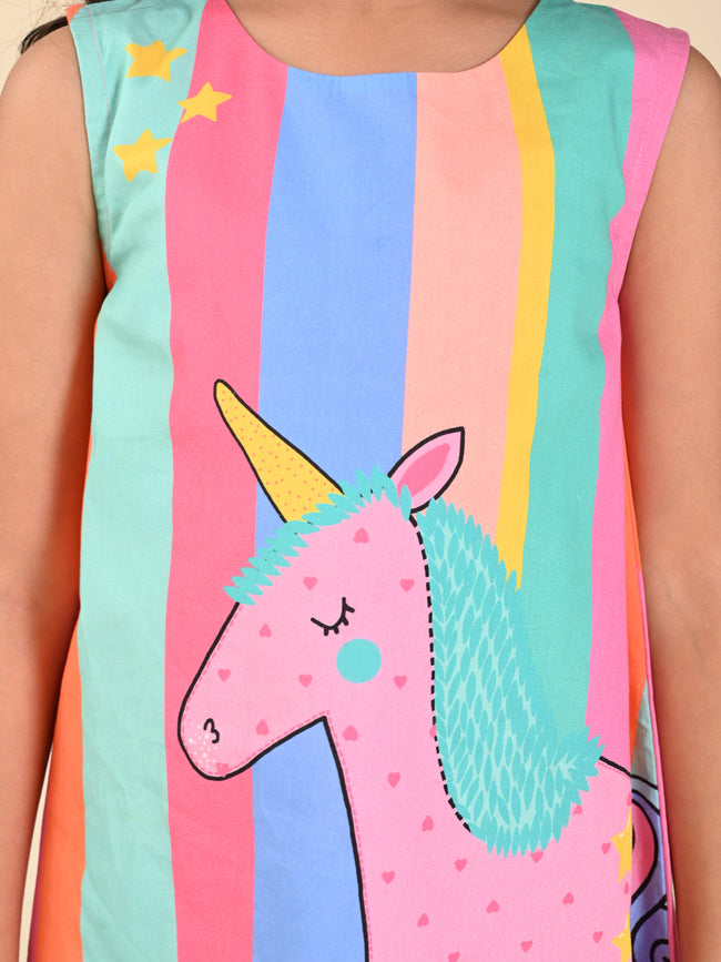 Unicorn Printed Multistripes Sleeveless A-line Dress
