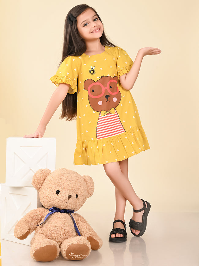 Bear Printed Knee Length Dropwaist Dress