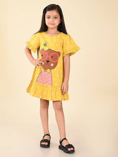 Bear Printed Knee Length Dropwaist Dress