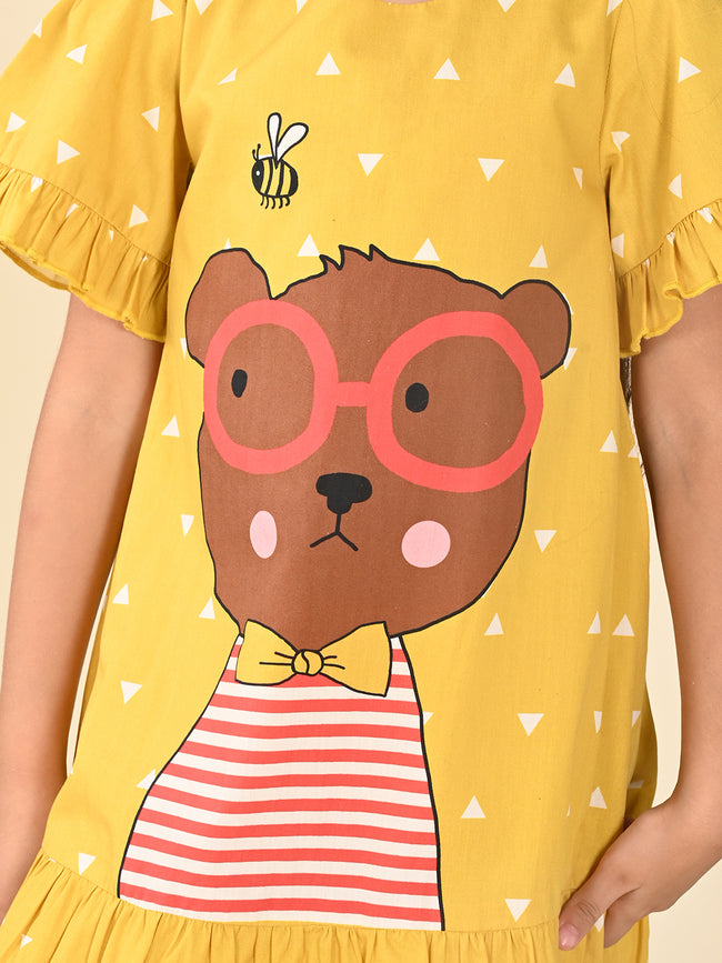 Bear Printed Knee Length Dropwaist Dress