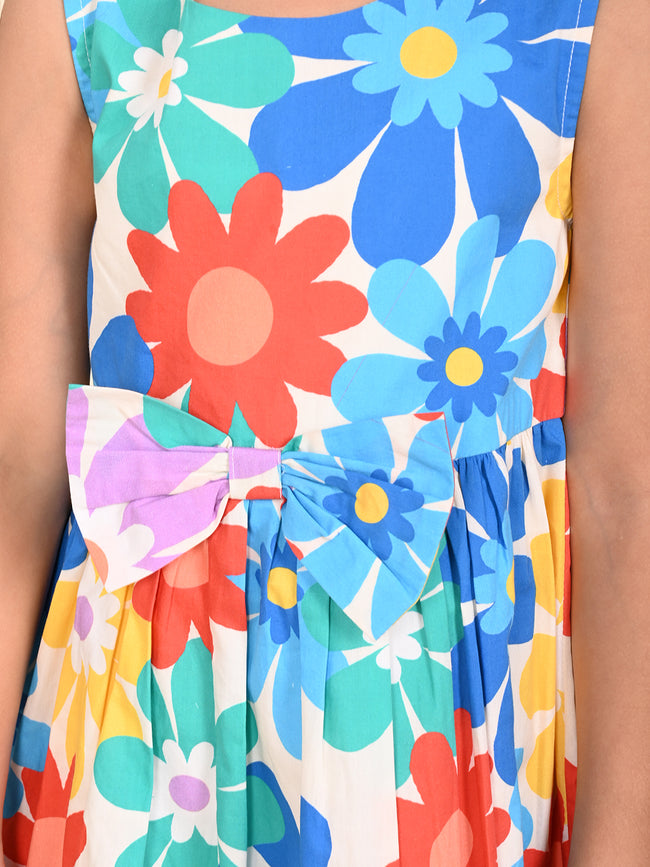 Floral Printed Sleeveless Fit n Flare Bow Dress