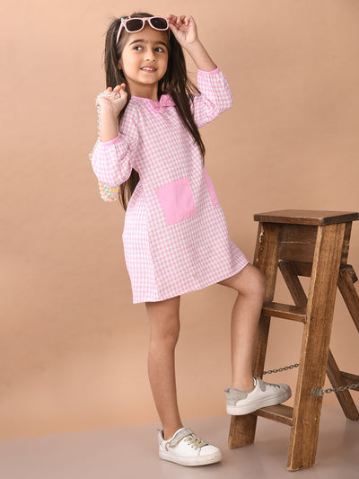 Girls Full Sleeves Mini Checkered Pattern Dress