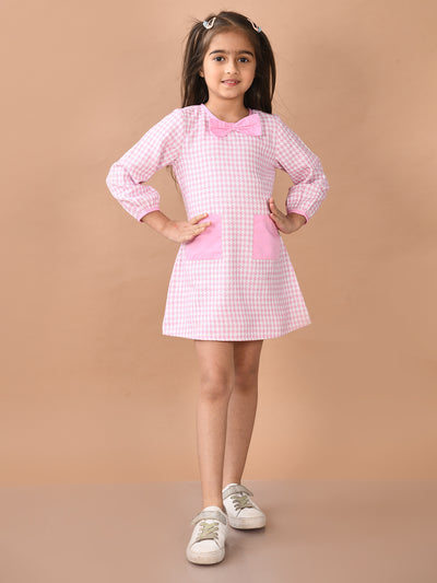 Girls Full Sleeves Mini Checkered Pattern Dress
