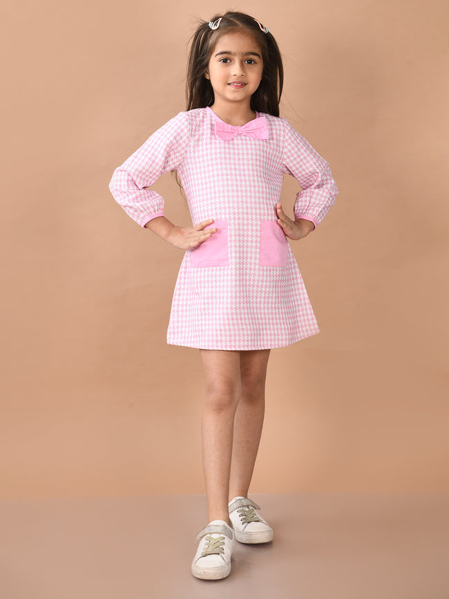 Girls Full Sleeves Mini Checkered Pattern Dress