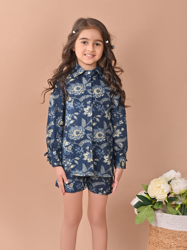Floral Printed Full Sleeves Shirt Top with Shorts
