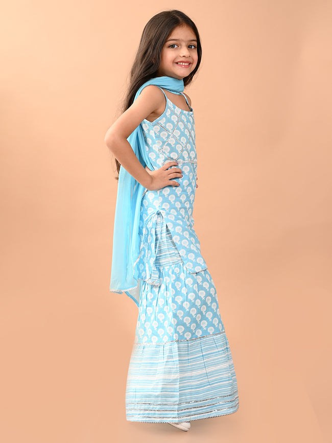 Ethnic Motif Printed Sleeveless Kurta Sharara Set with Dupatta