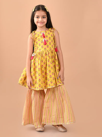Ethnic Motif Printed Sleeveless Empire Kurta Sharara Set