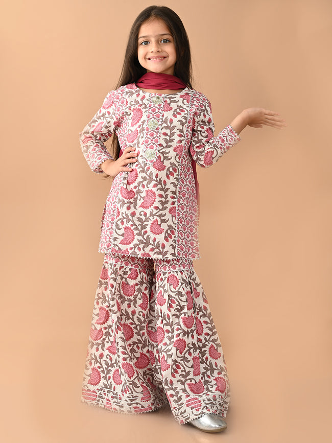 Floral Printed Gota Patti Embellished Empire Kurta Sharara Set with Dupatta