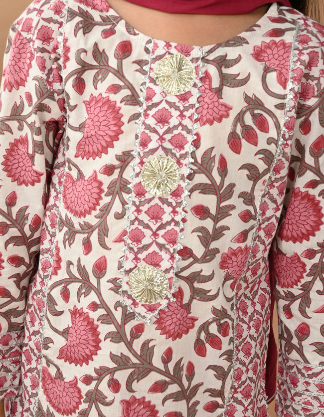 Floral Printed Gota Patti Embellished Empire Kurta Sharara Set with Dupatta