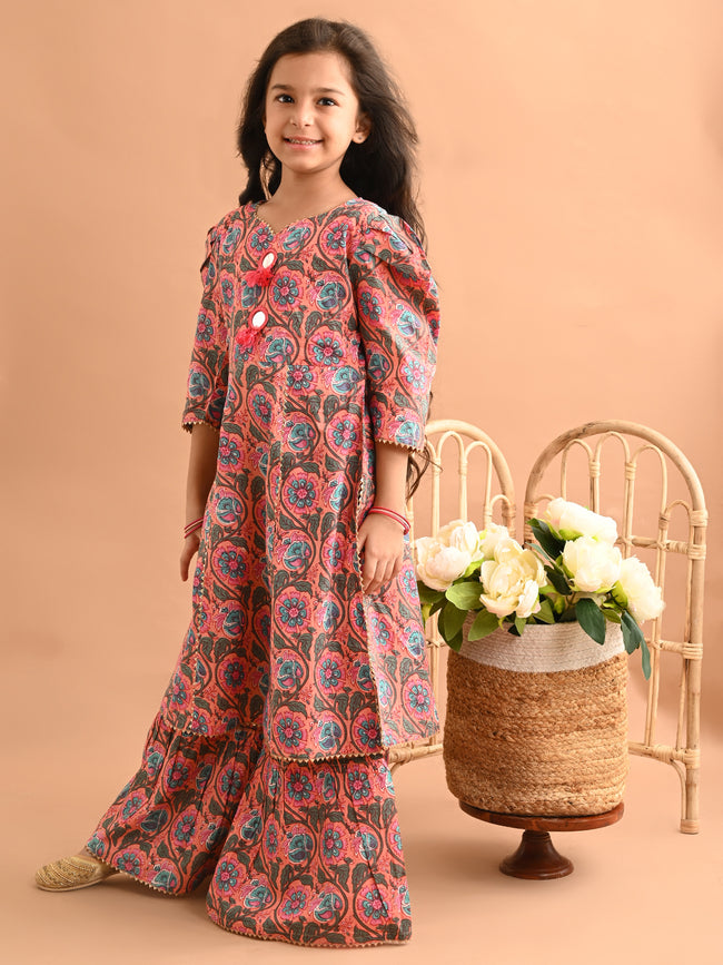 Ethnic Motif Printed Puff Sleeves Tassel Kurta Sharara Set
