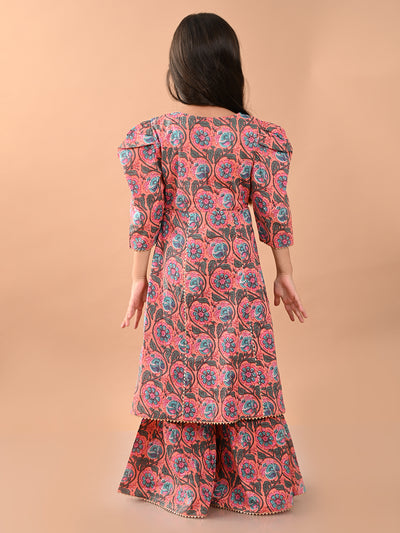 Ethnic Motif Printed Puff Sleeves Tassel Kurta Sharara Set