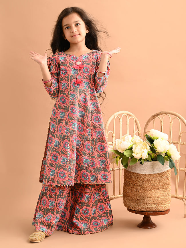 Ethnic Motif Printed Puff Sleeves Tassel Kurta Sharara Set