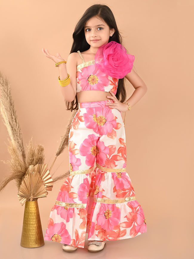 Floral Printed Net Rose Decor One Shoulder Top Sharara Set