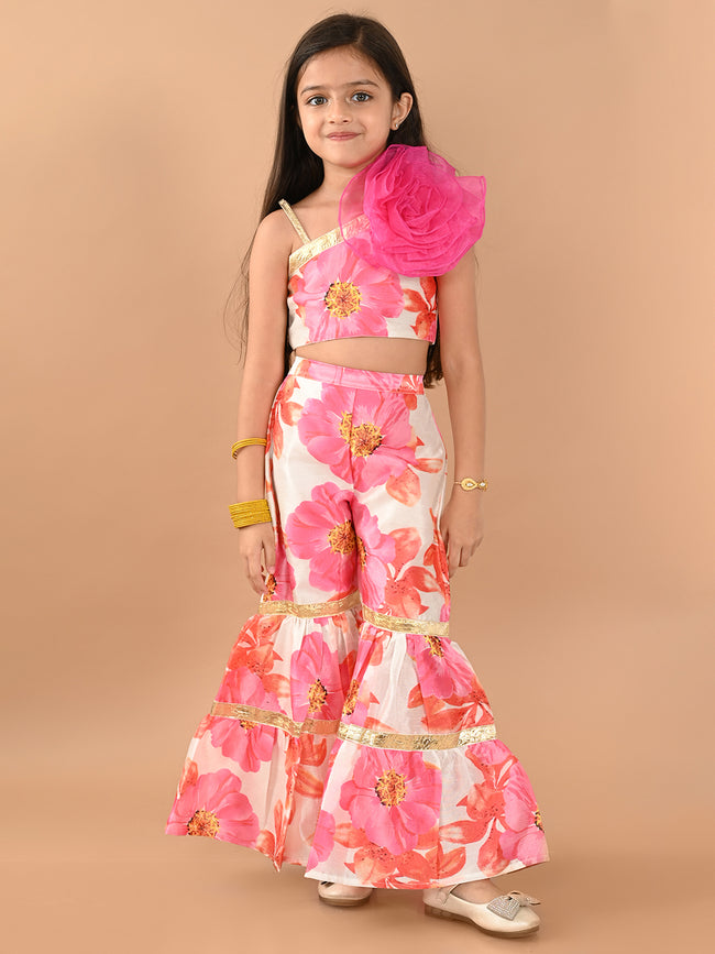 Floral Printed Net Rose Decor One Shoulder Top Sharara Set