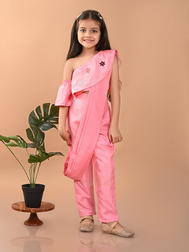 One Shoulder Embroidered Top with Trouser Pant & Attached Dupatta