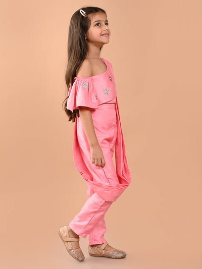 One Shoulder Embroidered Top with Trouser Pant & Attached Dupatta