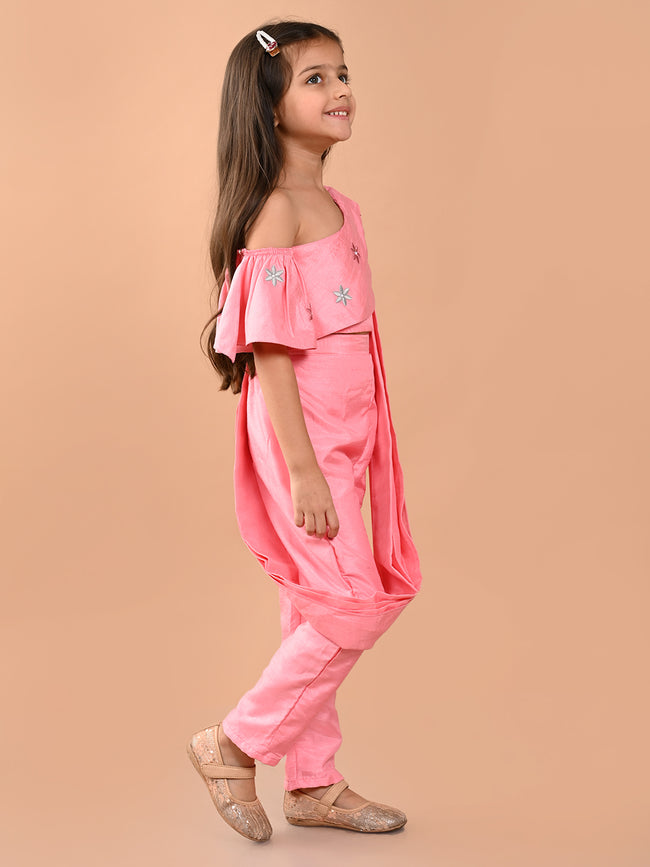 One Shoulder Embroidered Top with Trouser Pant & Attached Dupatta