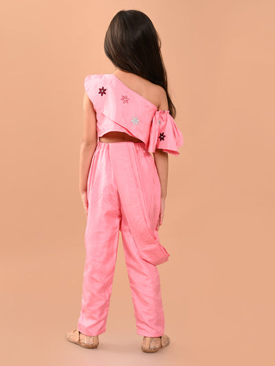 One Shoulder Embroidered Top with Trouser Pant & Attached Dupatta