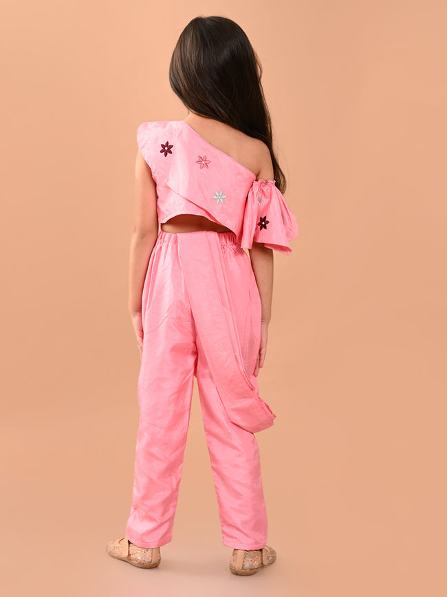 One Shoulder Embroidered Top with Trouser Pant & Attached Dupatta