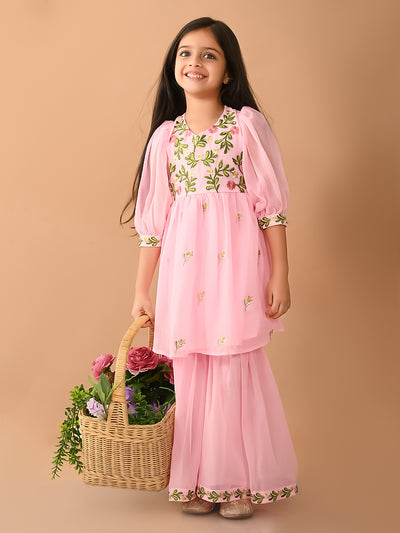 Floral Embroidered Balloon Sleeves Empire Kurta with Sharara Set