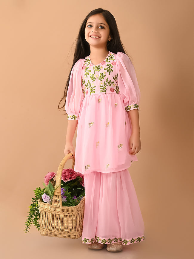 Floral Embroidered Balloon Sleeves Empire Kurta with Sharara Set