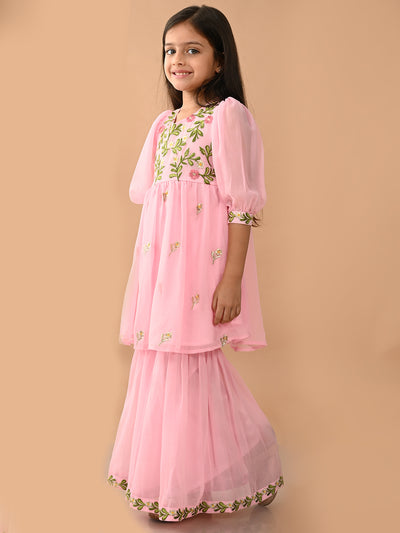 Floral Embroidered Balloon Sleeves Empire Kurta with Sharara Set