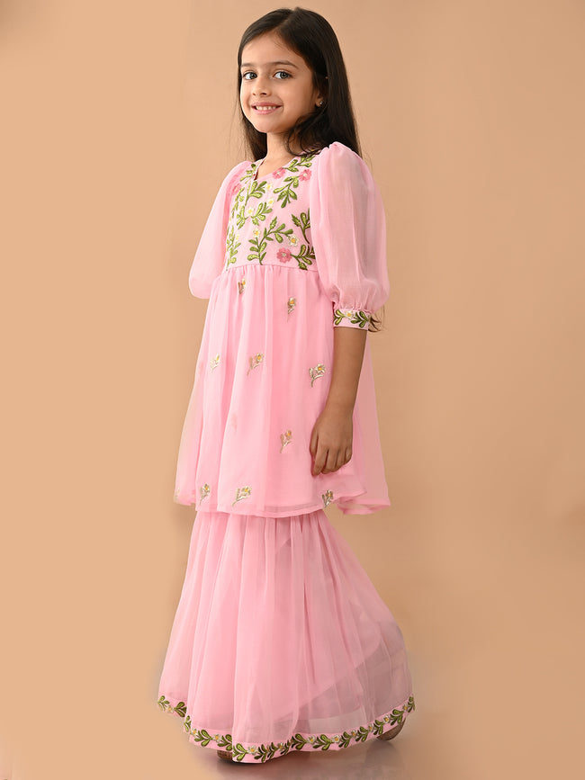 Floral Embroidered Balloon Sleeves Empire Kurta with Sharara Set