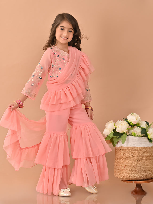 Zardozi Embellished Top and Flared Sharara Set with Attached Dupatta