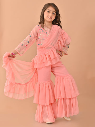 Zardozi Embellished Top and Flared Sharara Set with Attached Dupatta