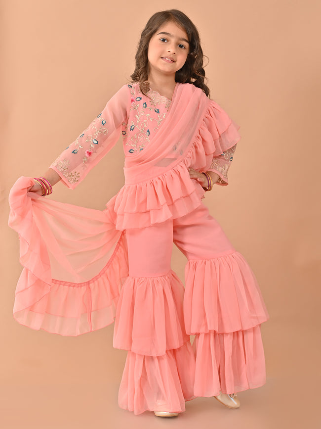 Zardozi Embellished Top and Flared Sharara Set with Attached Dupatta