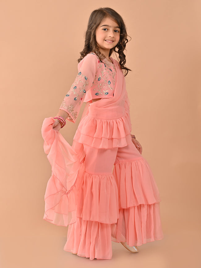 Zardozi Embellished Top and Flared Sharara Set with Attached Dupatta