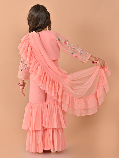 Zardozi Embellished Top and Flared Sharara Set with Attached Dupatta