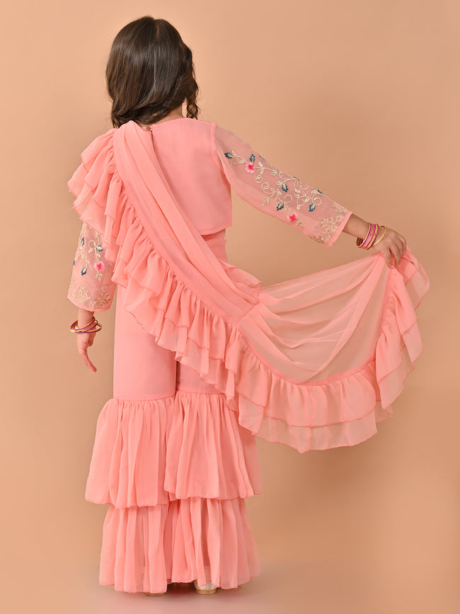 Zardozi Embellished Top and Flared Sharara Set with Attached Dupatta