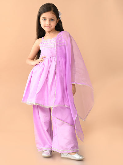 Solid Gota Patti Embellished Sleeveless Empire Kurta Sharara Set with Dupatta