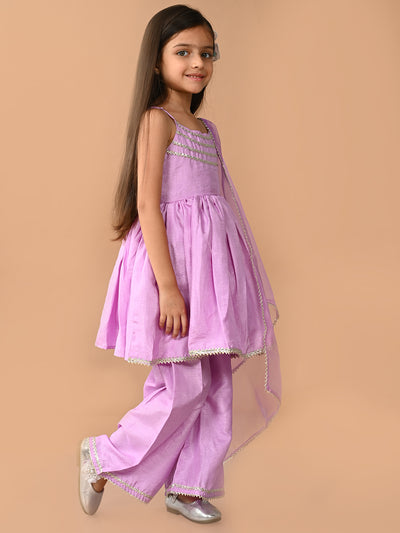 Solid Gota Patti Embellished Sleeveless Empire Kurta Sharara Set with Dupatta