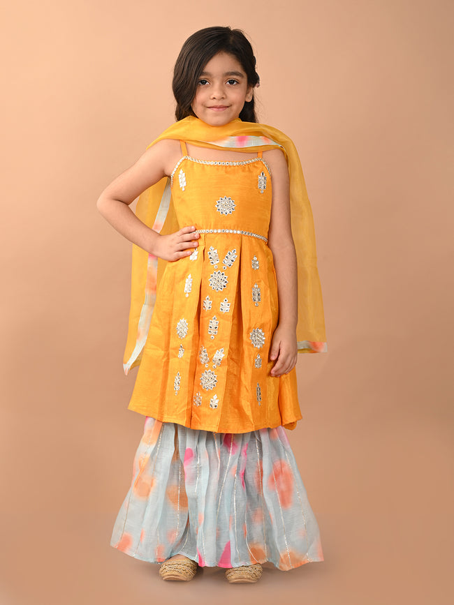 Mirror Embellished Sleeveless Empire Kurta Sharara Set with Dupatta