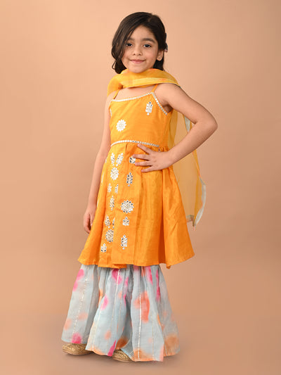 Mirror Embellished Sleeveless Empire Kurta Sharara Set with Dupatta