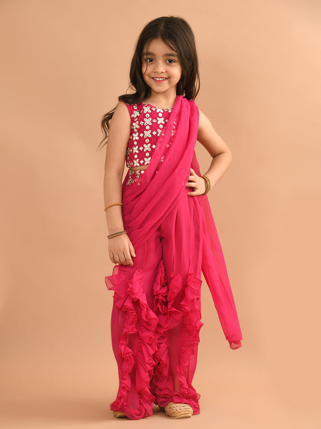 Embellished Top and Ruffle Sharara Set with Attached Dupatta