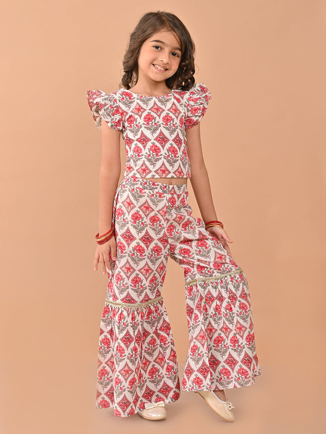 Ethnic Motif Printed Gota Patti Embellished Top Sharara Set