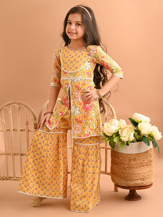 Ethnic Motif Printed Front Cut Straight Kurta Sharara Set