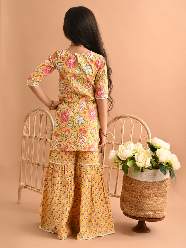 Ethnic Motif Printed Front Cut Straight Kurta Sharara Set