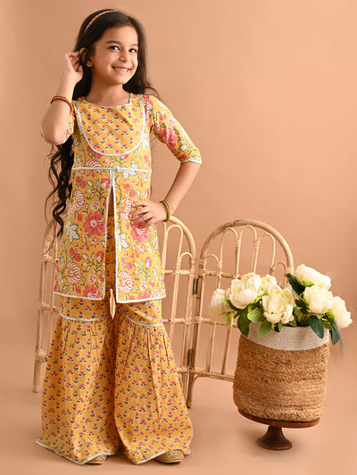 Ethnic Motif Printed Front Cut Straight Kurta Sharara Set