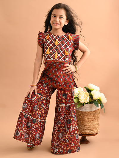 Ethnic Motif Printed Tassel Straight Kurta Sharara Set