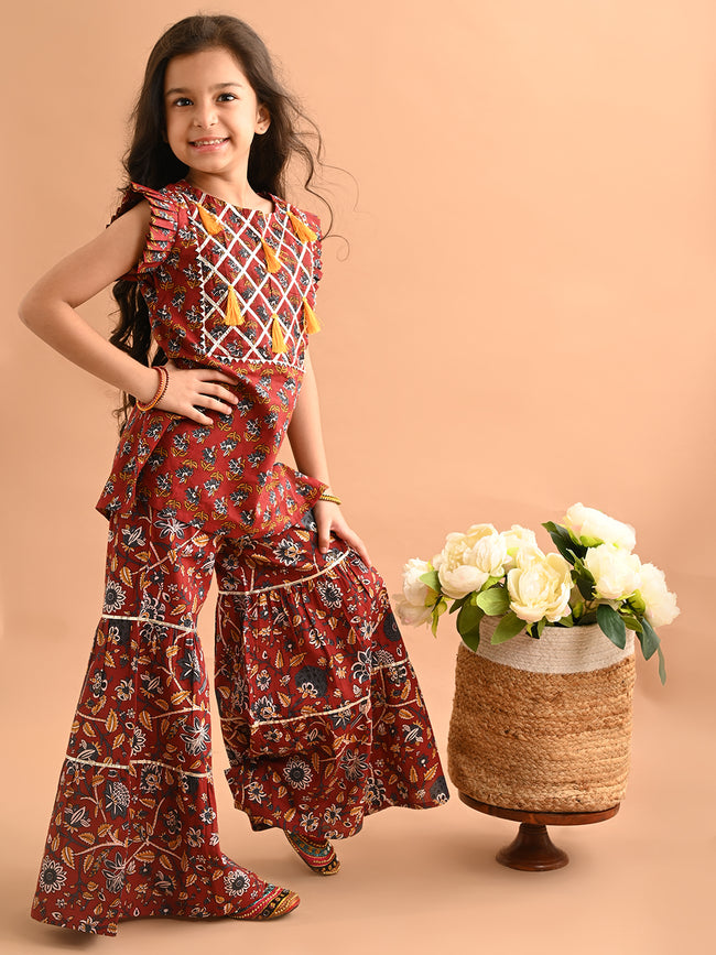 Ethnic Motif Printed Tassel Straight Kurta Sharara Set