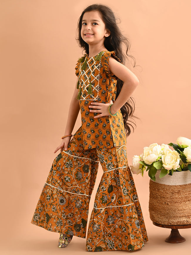 Ethnic Motif Printed Tassel Straight Kurta Sharara Set
