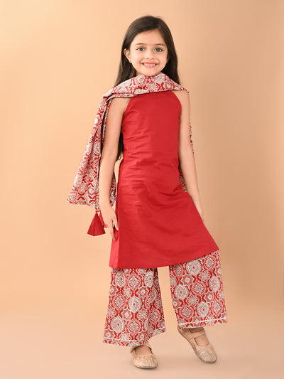 Solid Sleeveless Straight Kurta with Printed Sharara & Dupatta Set