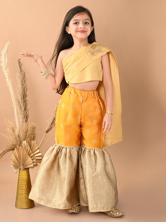 Stylish One Shoulder Top with Attached Dupatta & Sharara Set