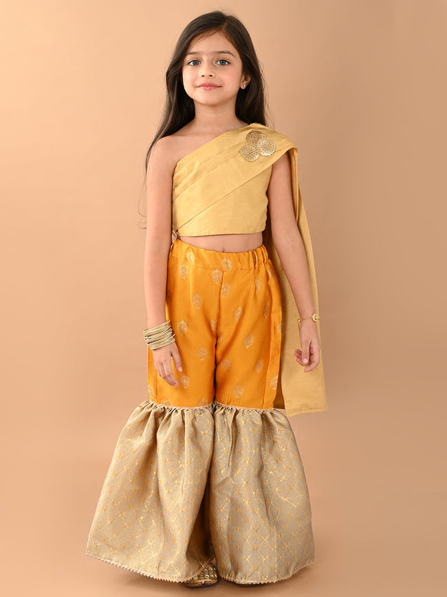 Stylish One Shoulder Top with Attached Dupatta & Sharara Set