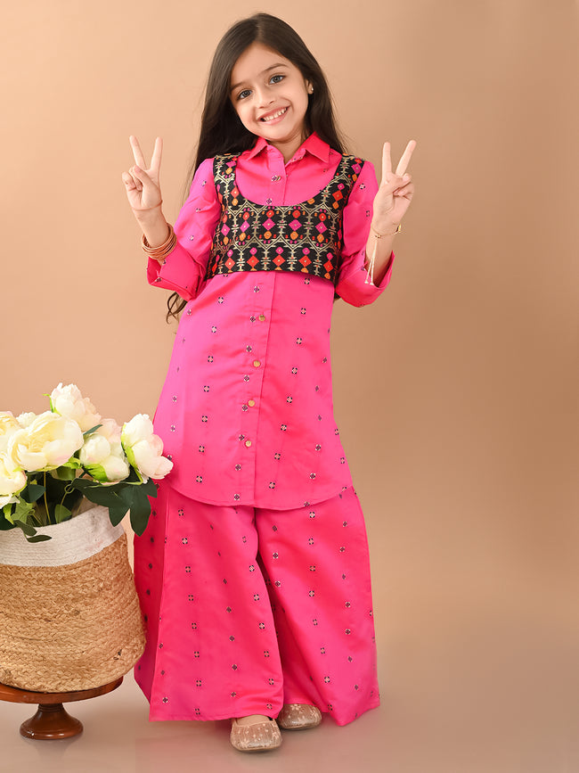 Printed Button Down Shirt Kurta Palazzo Set with Jacket