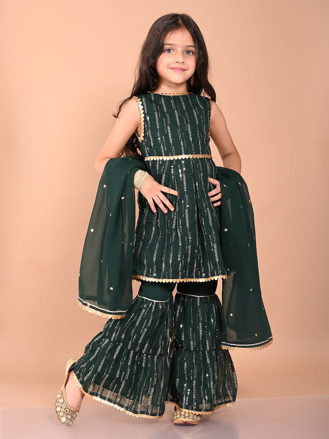 Sequined Peplum Sleeveless Kurta with Sharara & Dupatta Set